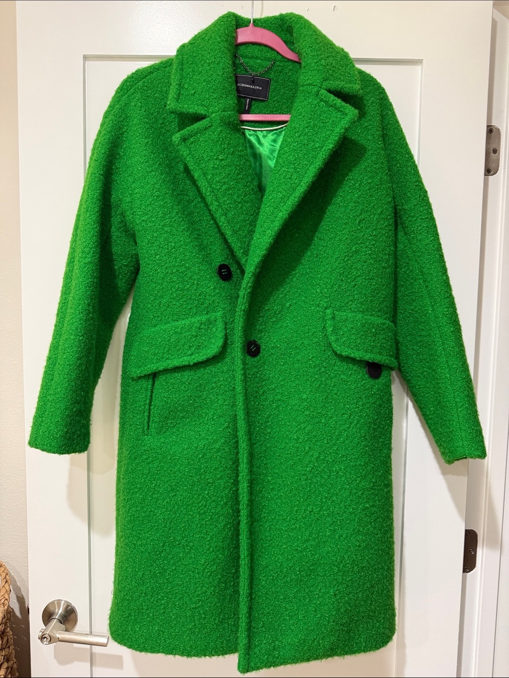 BCBGMaxAzria Vibrant Green Bouclé Pea Coat